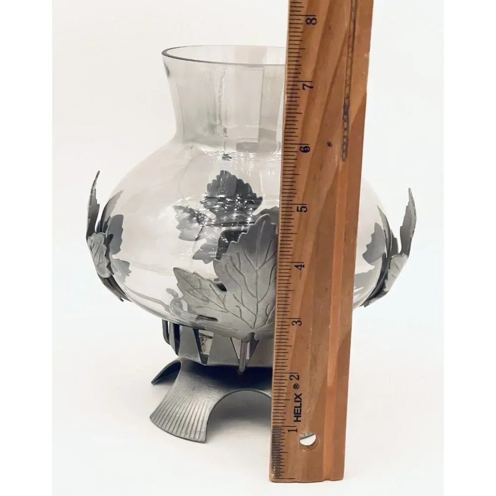 Pewter Maple Leaf Hurricane Pillar Candle Holder 7.25” Smoky Gray Lantern